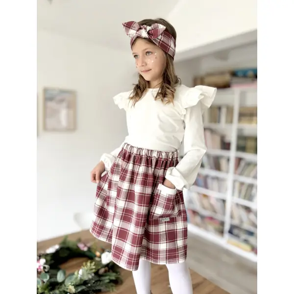 KOMPLET BLUZKA MOTYL LUSIA+SPÓDNICZKA DORKA W KRATĘ BURGUND